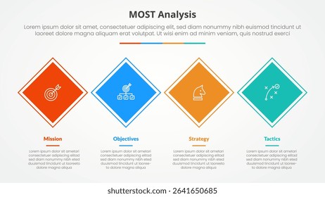 MOST analysis infographic concept for slide presentation with rotated square or diamond shape horizontal direction with 4 point list with flat style vector