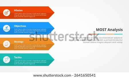 MOST analysis infographic concept for slide presentation with rectangle arrow on left side with 4 point list with flat style vector