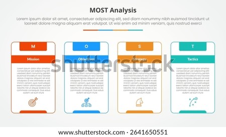 MOST analysis infographic concept for slide presentation with big outline table box and strong header with 4 point list with flat style vector
