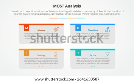 MOST analysis infographic concept for slide presentation with long rectangle box container with colorful badge header with 4 point list with flat style vector