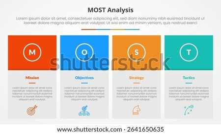 MOST analysis infographic concept for slide presentation with big box table and colorfull header with 4 point list with flat style vector