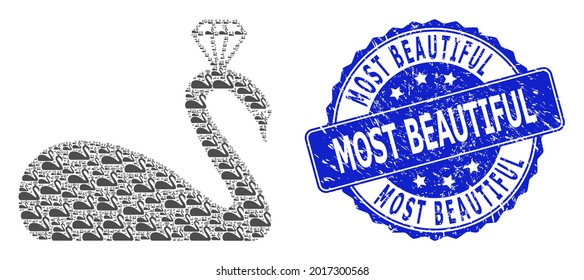 La más bella estampilla sucia redonda y el collage fractal vectorial coronado. El sello azul tiene la leyenda más bella dentro de forma redonda. El collage de vectores está hecho de artículos esparcidos coronados de cisne.