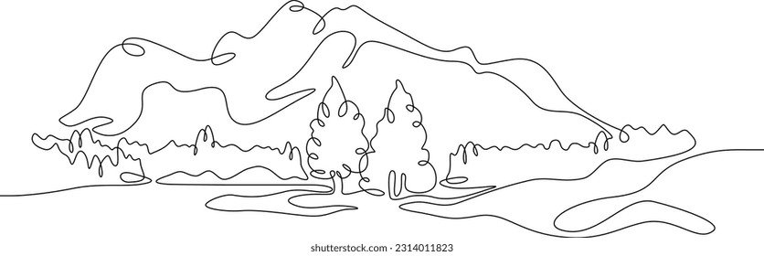 The most beautiful landscape. Wild nature. Wonderful lakes. High mountains. Vast forests. One continuous line. Linear.One continuous line drawn isolated, white background.