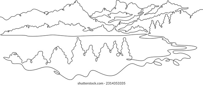 The most beautiful landscape. Wild nature. Wonderful lakes. High mountains. Vast forests. One continuous line. Linear.One continuous line drawn isolated, white background.