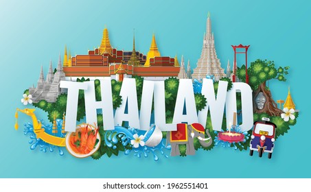 The most beautiful places to visit in thailand with paper cut art and craft style on paper background. 