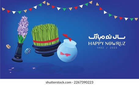 The most beautiful symbol of the Iranian tradition is Haft Sin table, which is a symbol of life and freshness. greeting card of happy nowruz. Iranian new year banner, poster design