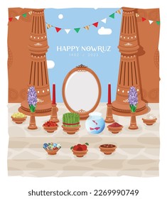 The most beautiful symbol of the Iranian tradition is Haft Sin table, which is a symbol of life and freshness. greeting card of happy nowruz. Iranian new year banner, poster design