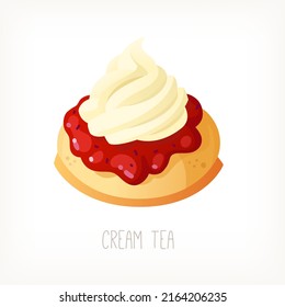 El plato principal de postre inglés para el té de la tarde. Té crema con mermelada y crema batida encima. Imagen vectorial aislada