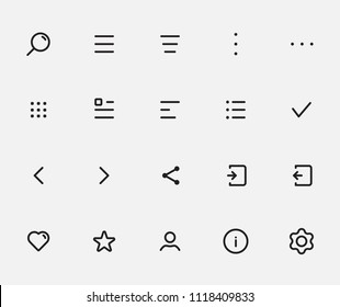 Most common app icon set for navigation and action bars, tabbar. All menu types: hamburger, donner, meatballs, kebab, bento menu. Best customizable icons set with grid for apps and web.
