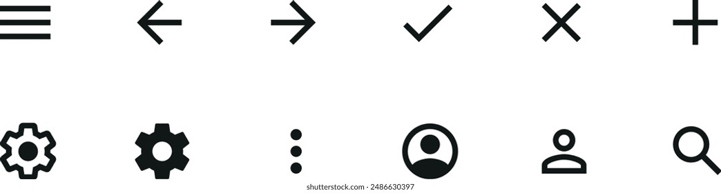 Most common app icon set for navigation and action bars, tabbar. All menu types: hamburger, donner, tick, cross, plus, profile, user, search, kebab, bento menu. Icons set with grid for apps and web.
