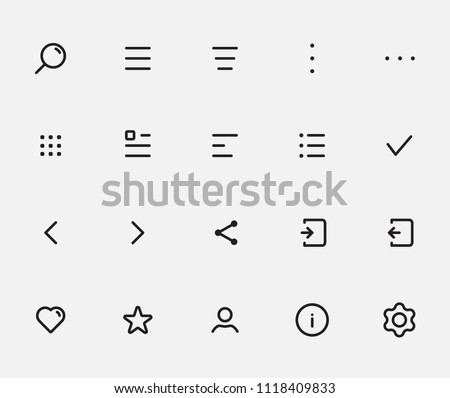 Most common app icon set for navigation and action bars, tabbar. All menu types: hamburger, donner, meatballs, kebab, bento menu. Best customizable icons set with grid for apps and web.