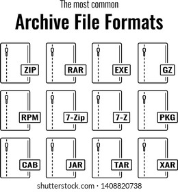 The most common archive file formats. Vector outline icons isolated on white background.