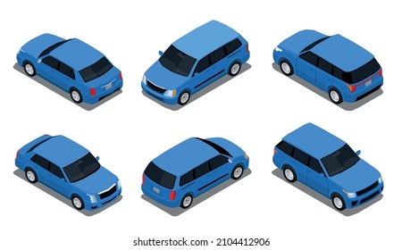 Most common auto accidents car types angle collisions isometric set with sedan saloon hatchback van vector illustration