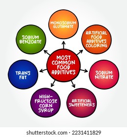 Most Common Food Additives (substances added to food to preserve flavor or enhance taste, appearance) mind map text concept background