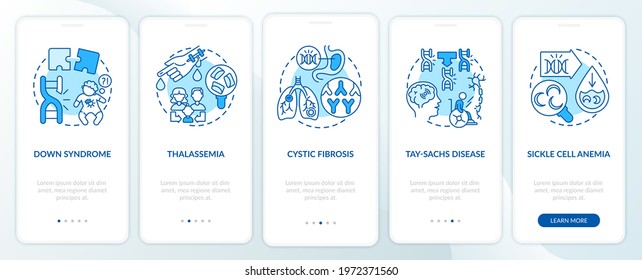 Most common genetic diseases blue onboarding mobile app page screen with concepts. Health walkthrough 5 steps graphic instructions. UI, UX, GUI vector template with linear color illustrations