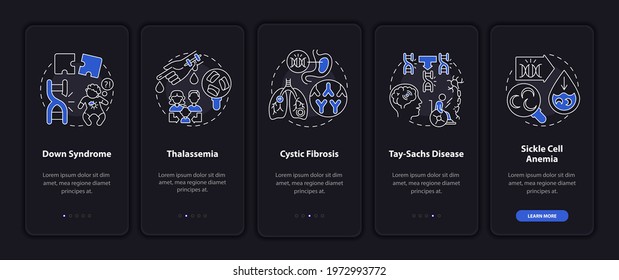 Most common genetic diseases onboarding mobile app page screen with concepts. Health walkthrough 5 steps graphic instructions. UI, UX, GUI vector template with linear night mode illustrations
