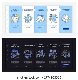 Most common genetic diseases onboarding vector template. Responsive mobile website with icons. Web page walkthrough 5 step screens. Healthcare dark, light mode concept with linear illustrations