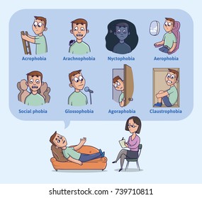 The most common human phobias. Fear of heights, darkness, flying, spiders, closed spaces, public speaking and others. The young man on reception at psychologist. Vector Illustration.