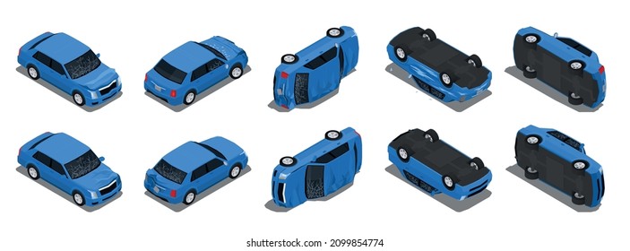 Most common road traffic accidents isometric set with car angled upside down flipped onto side vector illustration