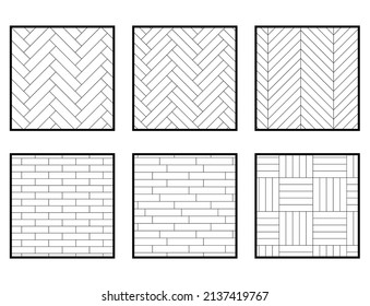 Most common types of parquet patterns. Wooden, ceramic or stone materials, zig zag bricks or flour or wall in home, street or outdoor. Kitchen interior for catalog vector illustration