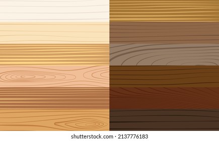 Most common types of wooden parquet for catalog. Collections of wooden laminate from light to dark. Oak, walnut, pine, mahogany or maple materials. Realistic hardwood texture flat vector illustration.