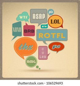 Most common used acronyms and abbreviations on retro style speech bubbles.