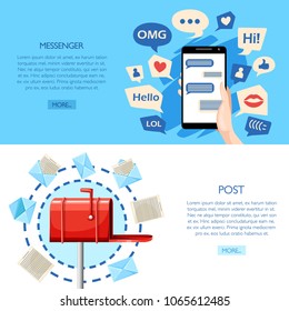 Most common used acronyms and abbreviations. Red mailbox. Messenger concept. Vector illustration on white and blue background. Web site page and mobile app design.