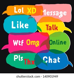 Most common used acronyms and abbreviations on multicolored speech bubbles, vector illustration.
