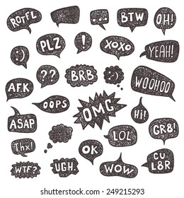 Most common used acronyms and abbreviations set on hand drawn speech bubbles.