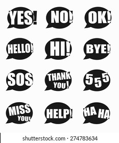 Most common used acronyms and abbreviations on word speech bubbles icon on white background