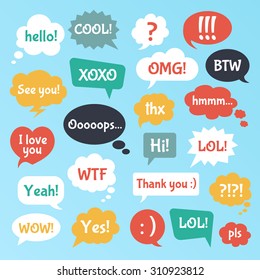 Most common used acronyms and abbreviations on flat style speech bubbles