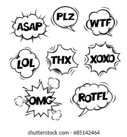 Most common used internet acronyms on comics style monochrome (black & white) speech bubbles.