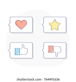 Most common used speech thought bubbles, review, opinion and feedback icon concept. Thumb up or like, thumb down and dislike, bookmark, love icons. Flat outline vector illustration set.