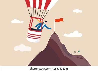 Most efficiency way to reach business goal, tools, assistance or shortcut to help achieve target or destination concept, smart businessman flying balloon reaching mountain peak to grab success flag.