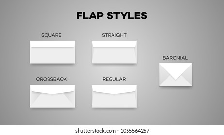 Most Envelope Flap Styles. Square, Sraight, Crossback, Regular And Baronial Vector Temlate