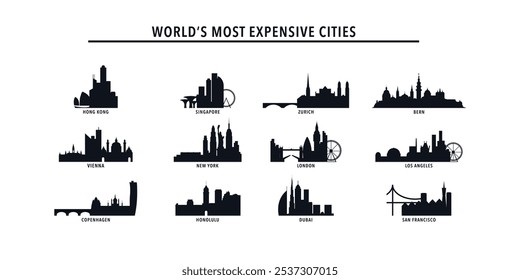 Logotipos de ciudades más caras, paquete de iconos con horizontes de Hong Kong, Singapur, Zurich, Berna, Viena, Londres, Nueva York, Copenhague, Honolulu