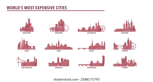 Most expensive cities logos, icon pack with skylines of Hong Kong, Singapore, Zurich, Bern, Vienna, London, New York, Copenhagen, Honolulu. Watercolor bundle of cliparts