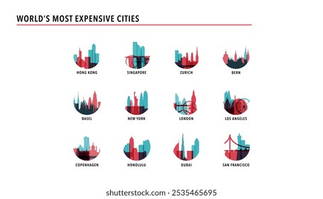 Logótipos das cidades mais caras, ícones para infográficos, índice, apresentação, ranking - Hong Kong, Singapura, Zurique, Berna, Basileia, Londres, Nova York, Copenhague, Honolulu