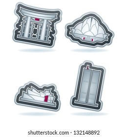 Most famous Architecture Landmarks Around the World, pictured here from left to right, top to bottom: Torii Gate (Japan), Lotus Temple (India), Guggenheim Museum (Spain), Twin Towers (USA).