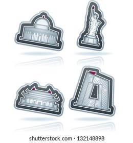 Most famous Architecture Landmarks Around the World, from left to right, top to bottom: Dome of the Rock (Israel), Statue of Liberty (USA), Forbidden City (China), CCTV building in Gunmao (China),