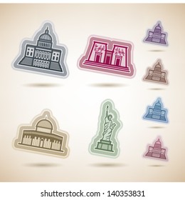 Most famous Architecture Landmarks Around the World, pictured here from left to right, top to bottom: Capital (USA), Aswan Temple (Egypt), Dome of the Rock (Israel), Statue of Liberty (USA).