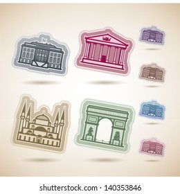 Most famous Architecture Landmarks Around the World, pictured here from left to right, top to bottom: White House (USA), Parthenon (Greece), Hagia Sofia (Turkey), Triumphal Arch (France).