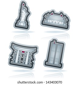 Most famous Architecture Landmarks Around the World, pictured here from left to right, top to bottom: Statue of Liberty (USA), Forbidden City (China), Torii Gate (Japan), Twin Towers (USA)