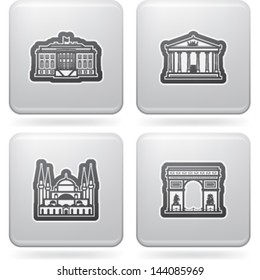Most famous Architecture Landmarks Around the World, pictured here from left to right, top to bottom: White House (USA), Parthenon (Greece), Hagia Sofia (Turkey), Triumphal Arch (France).