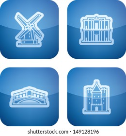 Most famous Architecture Landmarks Around the World, pictured here from left to right, top to bottom: Mills (Netherlands), Petra (Jordan), Ponte Di Rialto (Italy), Gate of Spalen (Switzerland)