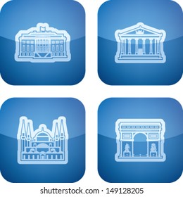 Most famous Architecture Landmarks Around the World, pictured here from left to right, top to bottom: White House (USA), Parthenon (Greece), Hagia Sofia (Turkey), Triumphal Arch (France)