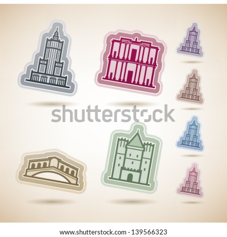 Most famous Architecture Landmarks, pictured here from left to right, top to bottom: Palace of Culture and Science (Poland), Petra (Jordan), Ponte Di Rialto (Italy), Gate of Spalen (Switzerland)