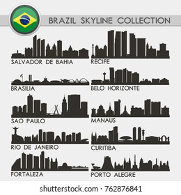 Las Ciudades Más Famosas De Brasil. Ciudad Skyline de viajes. Colección de diseño de silueta.