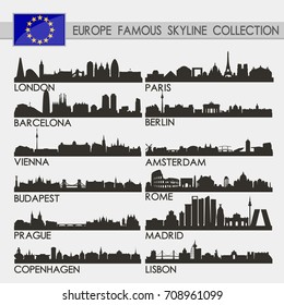 Most Famous Europe Cities Skyline City Silhouette Design Collection