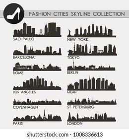 Most Famous Fashion Cities Travel Skyline City Silhouette Design Collection Set